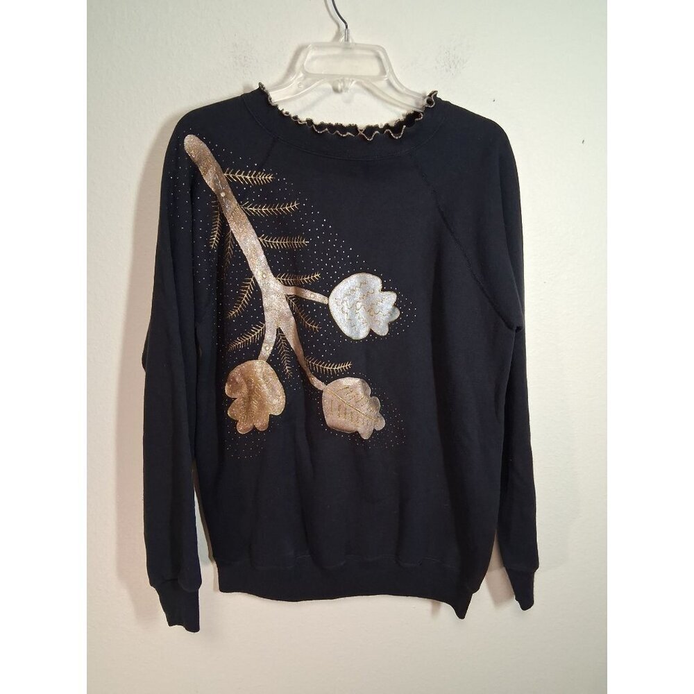 VTG 90s Granny Sweatshirt Black Painted Gold Floral Y2K Holiday Party Size Large